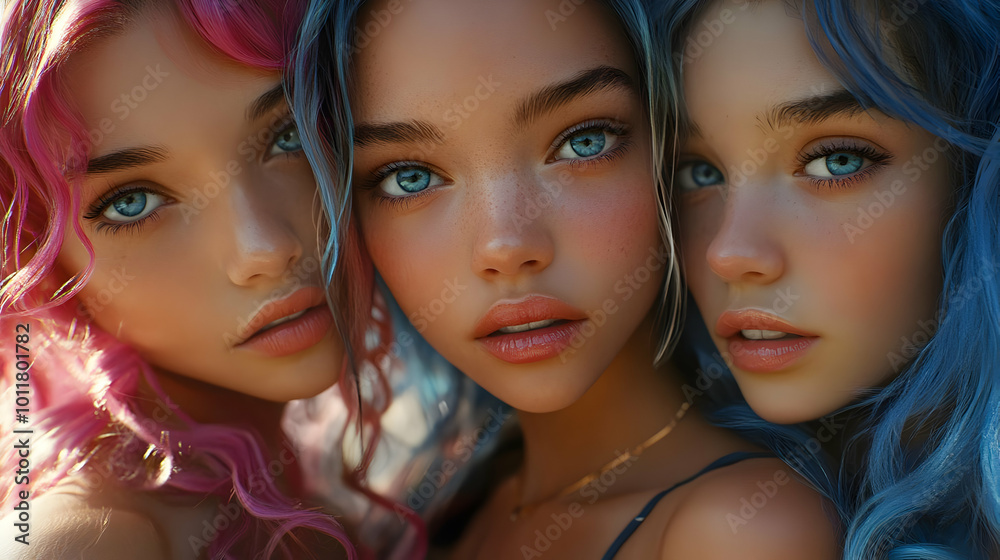 Three Young Women with Pink and Blue Hair - Illustration Three Young Women with Pink and Blue Hair - Illustration