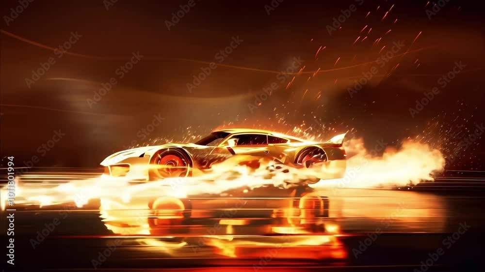 A sleek, futuristic sports car surrounded by flames and sparks, conveying high speed and dynamic motion.