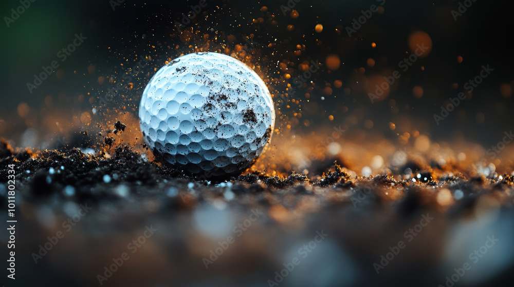 Golf ball on sandy surface with dust, illustrating a dynamic moment in sports and precision. Golf ball on sandy surface with dust, illustrating a dynamic moment in sports and precision.
