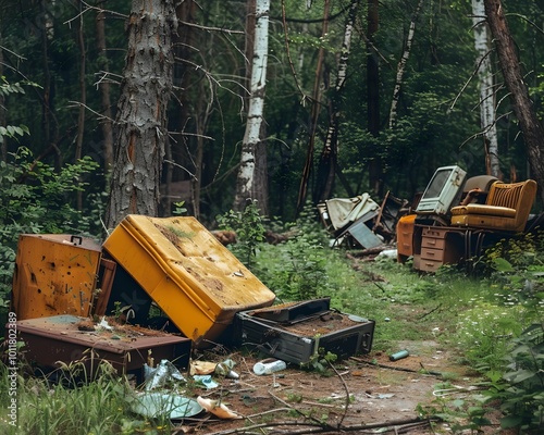 Illegal Dumping Ground in Forested Clearing with Discarded Furniture and Appliances