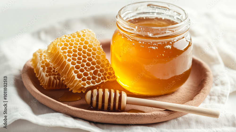 Jar of honey and honeycomb with wooden dipper on clay plate. Jar of honey and honeycomb with wooden dipper on clay plate.