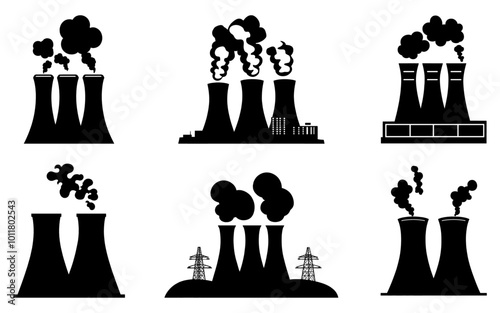 Smoke factory chimney vector. Air pollution icon illustration. Flat, industry power plant and smog black silhouette isolated on white background
