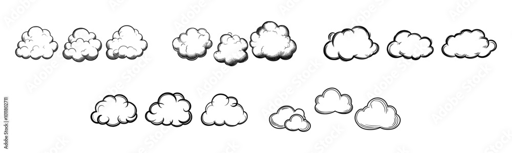 Clouds. Clouds collection in line design. Cloud vector icons, isolated. Cloud weather signs. Panorama view. Cloud in a row. Vector illustration
