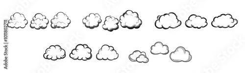 Clouds. Clouds collection in line design. Cloud vector icons, isolated. Cloud weather signs. Panorama view. Cloud in a row. Vector illustration
