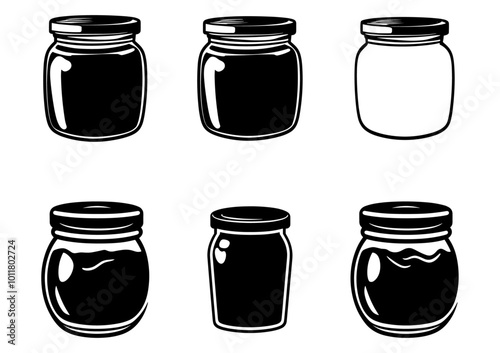 White hand drawn jar sticker set. Contour sketch. Cartoon kitchen objects outline doodle style. Vector illustration isolated on white background.
