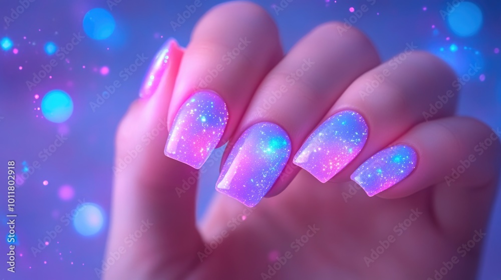 Futuristic nail art design with sparkling glow for innovative beauty trends Futuristic nail art design with sparkling glow for innovative beauty trends