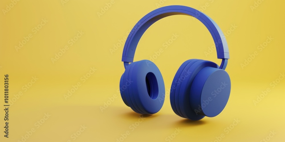 Blue wireless headphones on yellow background. Minimalistic 3D render with copy space for design and print.