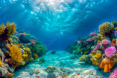 Enchanting underwater scene with colorful coral and diverse marine life. photo