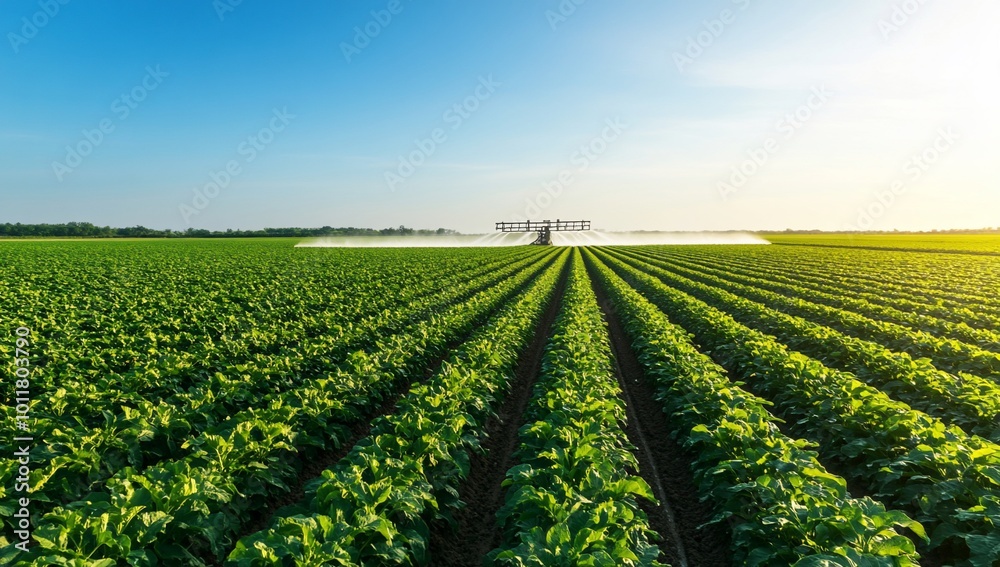 A lush green field with crops being irrigated under a clear sky. A lush green field with crops being irrigated under a clear sky.