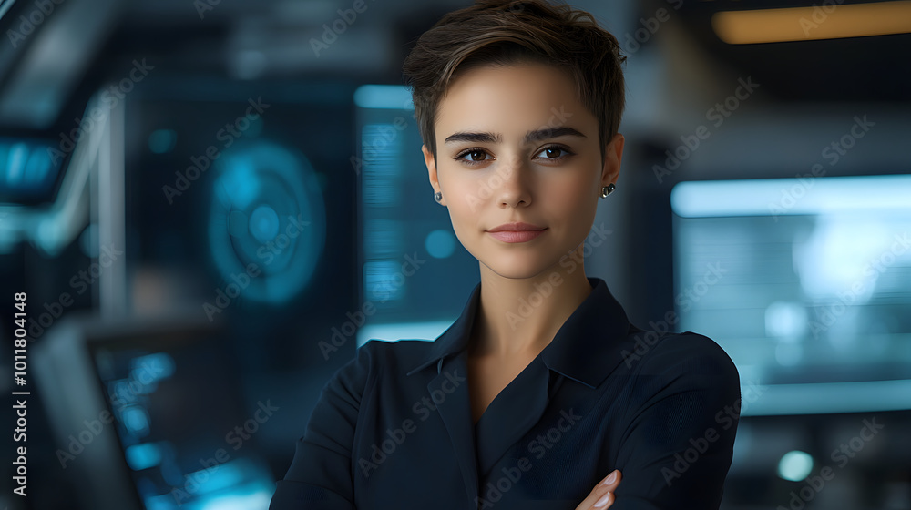 Naklejka premium A confident young non-binary individual in a futuristic control room engaging with advanced technology. Business and lgbtqia concept