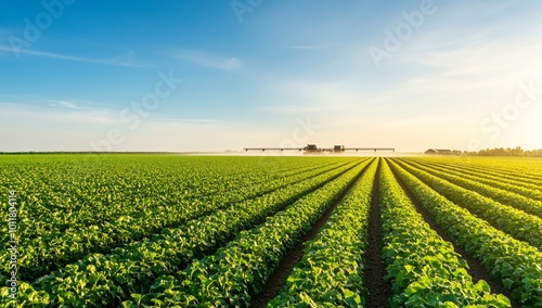 Lush green farmland under a clear blue sky with crop rows.