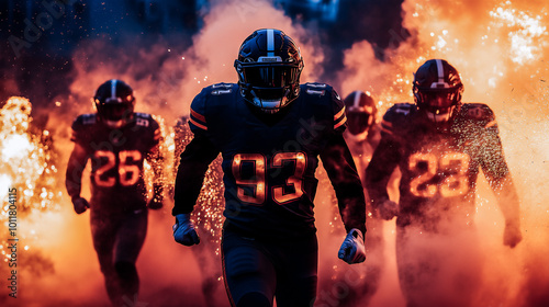 American football player walking through stadium tunnel .