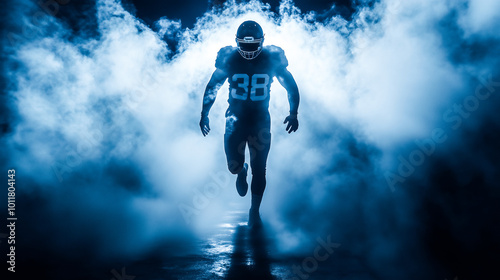 American football player walking through stadium tunnel .