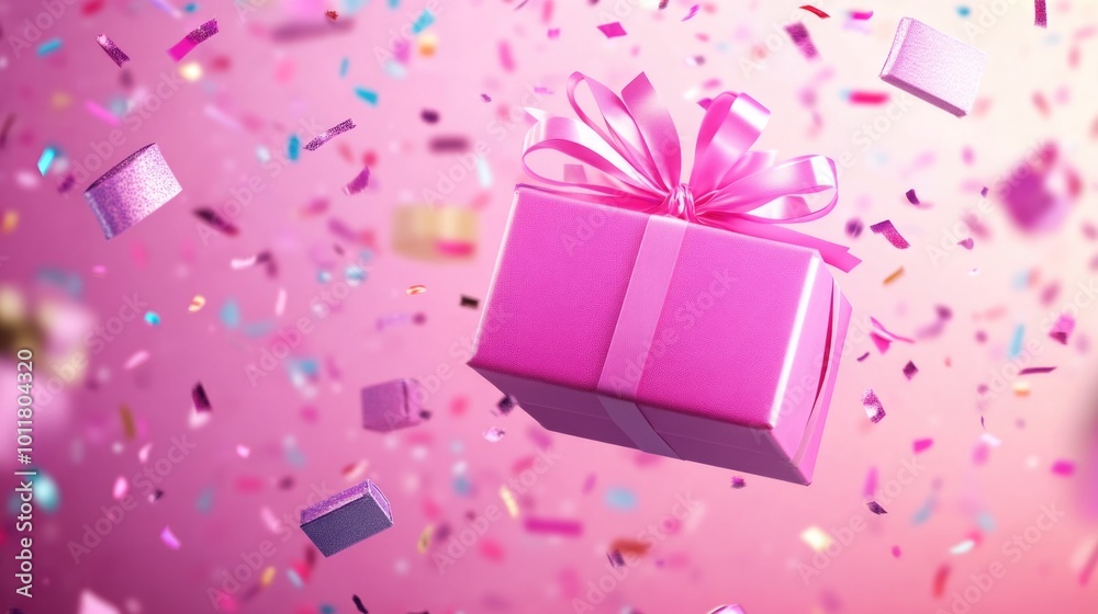 Festive gift box with pink ribbon amidst confetti celebration for special occasions Festive gift box with pink ribbon amidst confetti celebration for special occasions