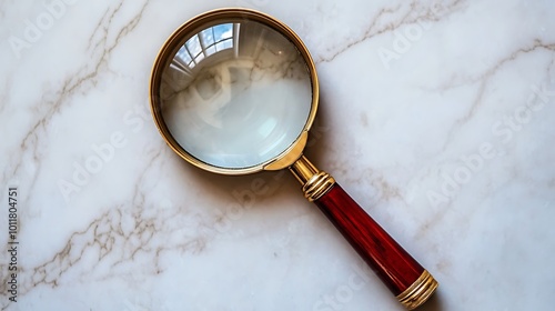 A magnifying glass with a red handle lies on a white marble surface.