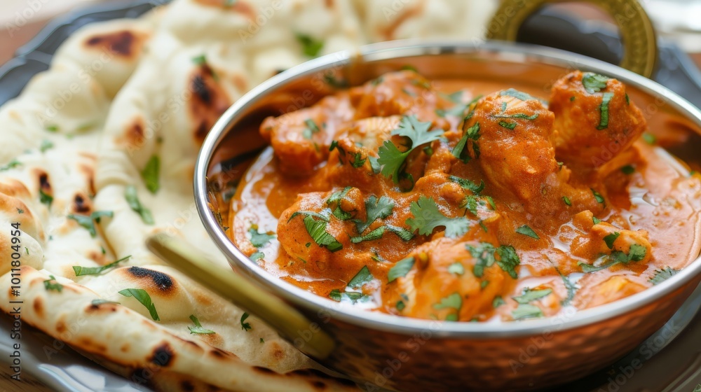 Naan bread served with Indian chicken curry. Naan bread served with Indian chicken curry.