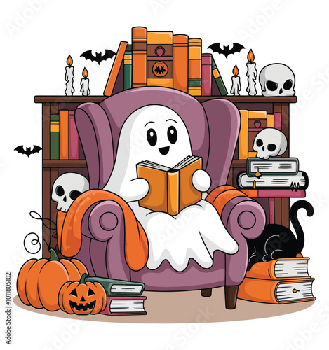 Cute Ghost read a book. Retro Halloween Ghost Reading Books Funny t-shirt design