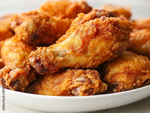 Golden brown fried chicken drumsticks piled high on a plate