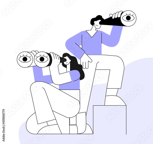 Two character of companies look through a telescope and binoculars. Flat vector illustration.