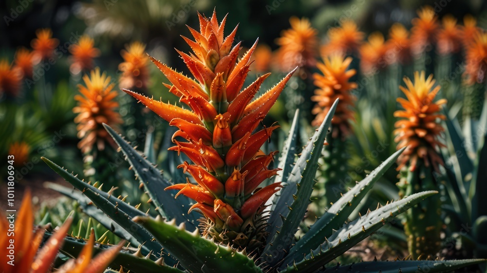 A field of vibrant orange aloe vera plants in full bloom, with the focus on a single plant in the foreground. A field of vibrant orange aloe vera plants in full bloom, with the focus on a single plant in the foreground.