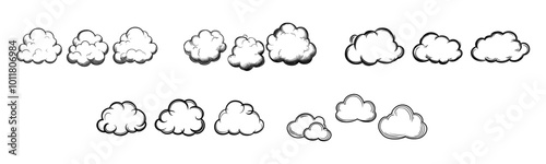 Clouds. Clouds collection in line design. Cloud vector icons, isolated. Cloud weather signs. Panorama view. Cloud in a row. Vector illustration
