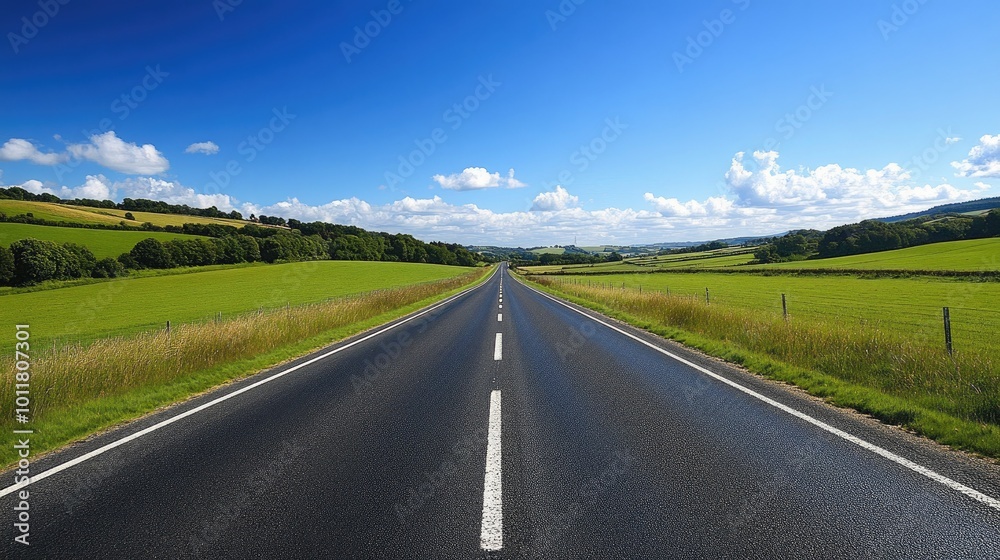 Fototapeta premium Open Road Through Lush Green Fields and Blue Sky