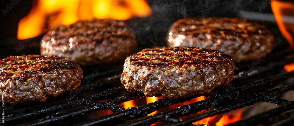 Flame-grilled beef patties cooking over open fire for a delicious barbecue meal Flame-grilled beef patties cooking over open fire for a delicious barbecue meal