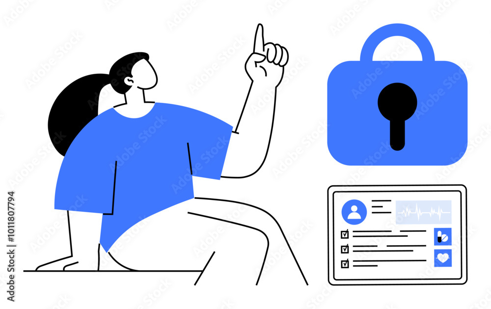 A figure pointing upwards, a large padlock sign, and a digital information card. Ideal for data privacy, cybersecurity, personal information management, digital safety, user data protection. Simple A figure pointing upwards, a large padlock sign, and a digital information card. Ideal for data privacy, cybersecurity, personal information management, digital safety, user data protection. Simple