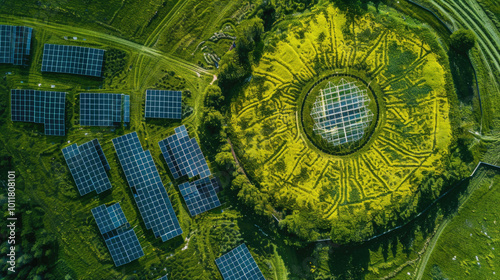 Aerial View of Solar Panels and Circular Garden in Lush Green Landscape Capturing Renewable Energy and Sustainable Design