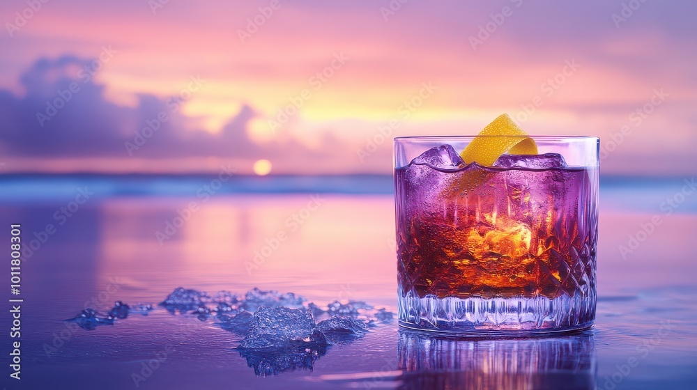 Whiskey cocktail with ice and lemon on a beach at sunset