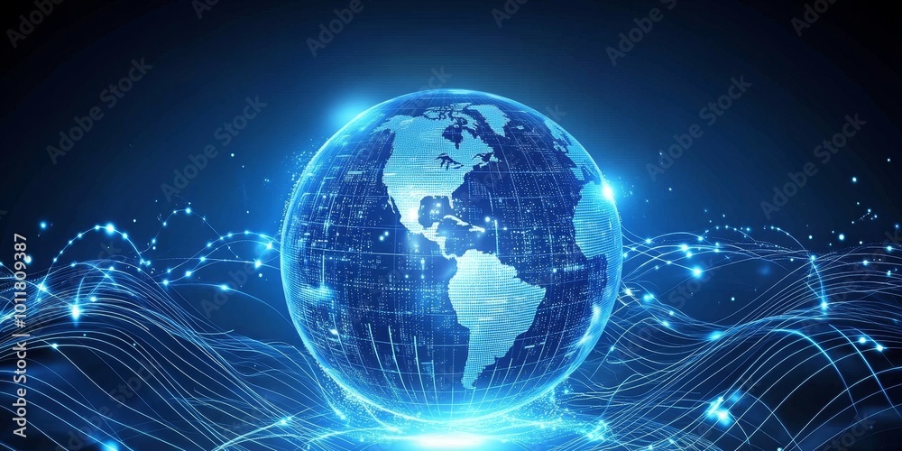 Fototapeta premium Futuristic Globe with Tech Lines: Create a globe with a sleek, metallic appearance, surrounded by bright, flowing lines that pulse with light, symbolizing high-tech globa