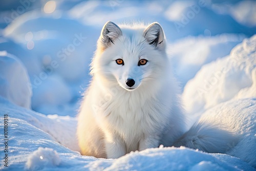 Adorable Cute Arctic Fox Sitting in Snowy Landscape with Bright Eyes and Fluffy White Fur