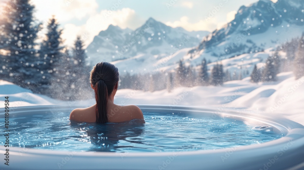 A serene scene of a person in a hot tub surrounded by snowy mountains and trees. A serene scene of a person in a hot tub surrounded by snowy mountains and trees.