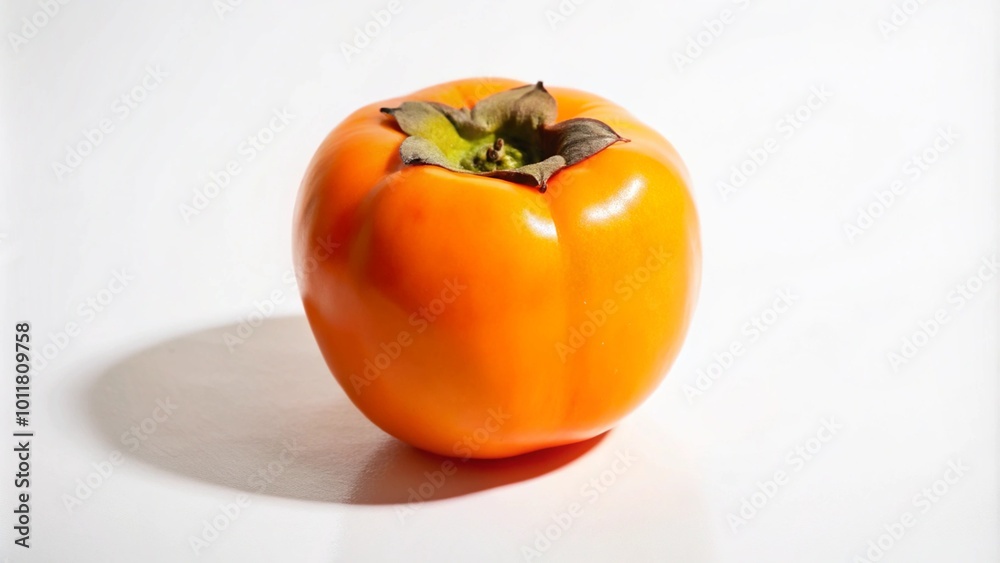 A single, ripe persimmon fruit with a brown stem and leaves on a white background. A single, ripe persimmon fruit with a brown stem and leaves on a white background.