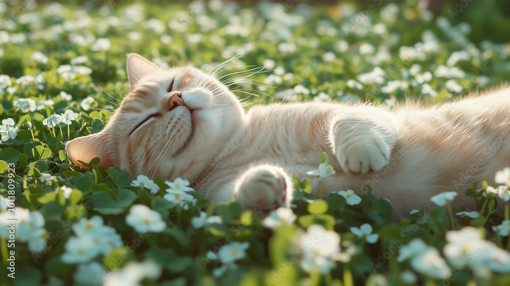 Obraz premium Scottish Fold shot leg cat laying in a field of clover with sunlight reflecting off the leaves, HDR, high depth of field