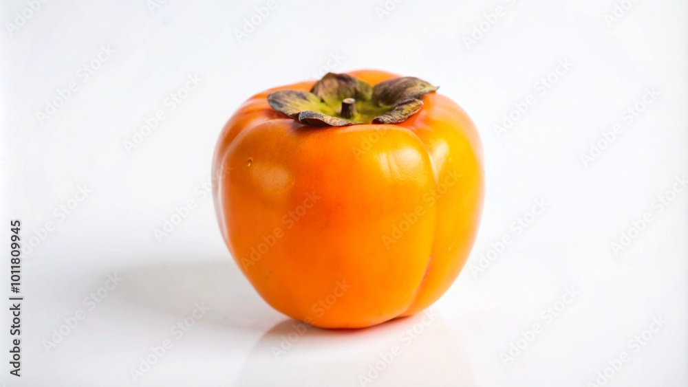A single ripe persimmon fruit isolated on a white background. A single ripe persimmon fruit isolated on a white background.