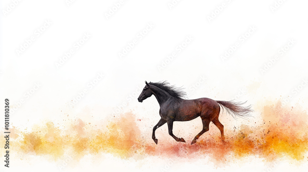 A dynamic horse running gracefully through a burst of colorful dust, showcasing speed and elegance in motion. A dynamic horse running gracefully through a burst of colorful dust, showcasing speed and elegance in motion.