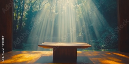 Clean Lines and Natural Light: Illustrate a minimalist wooden table with clean lines and a backdrop of natural light streaming in, creating a serene and uncluttered envir photo