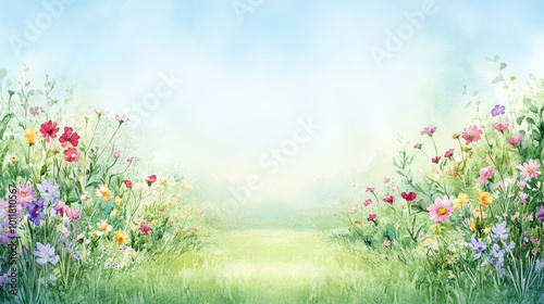 A serene landscape filled with colorful flowers, creating a peaceful and vibrant atmosphere in nature.