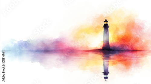 A serene watercolor painting of a lighthouse reflecting on calm water, showcasing vibrant colors and a tranquil atmosphere.