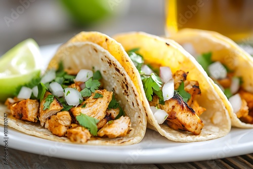 Freshly prepared tacos with marinated chicken and cilantro garnish