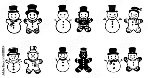 Snowman with hat and scarf and a bird isolated on white background
