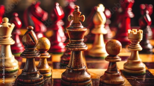 Close-up of chess pieces on a wooden chessboard. Focus on the king with blurred red and white pieces in the background.