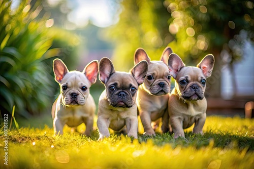 Adorable French Bulldog Puppies Playfully Exploring Their Surroundings in a Bright Outdoor Setting