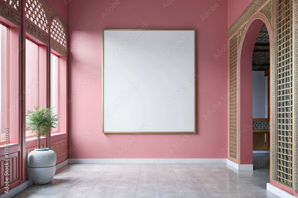 Minimalist room with a blank canvas on a pink wall. Minimalist room with a blank canvas on a pink wall.