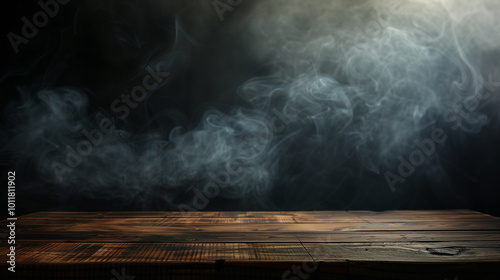 An empty wooden table with smoke gently rising against a dark background, creating a mysterious and dramatic atmosphere perfect for product display or design concepts.