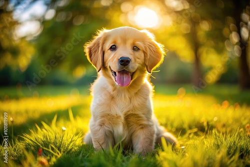 Adorable Golden Puppy Playfully Sitting in a Sunny Outdoor Environment with Lush Green Grass Background