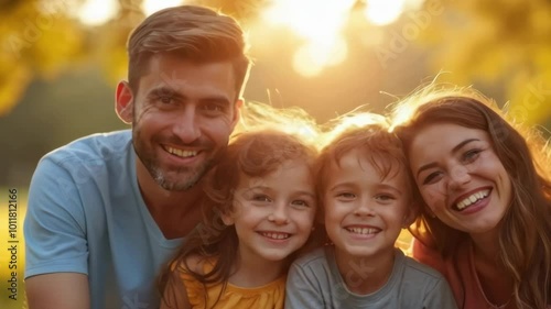 A joyful family enjoys a sunny afternoon in the park with playful moments and smiles in the golden light. Generative AI