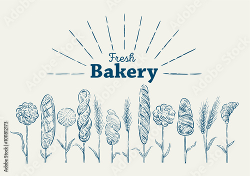 Illustration on the theme of bread and flour pastries. Ears of wheat, at the ends of which bread and bakery products are depicted, as if they grow together with ears of wheat. Vector illustration.