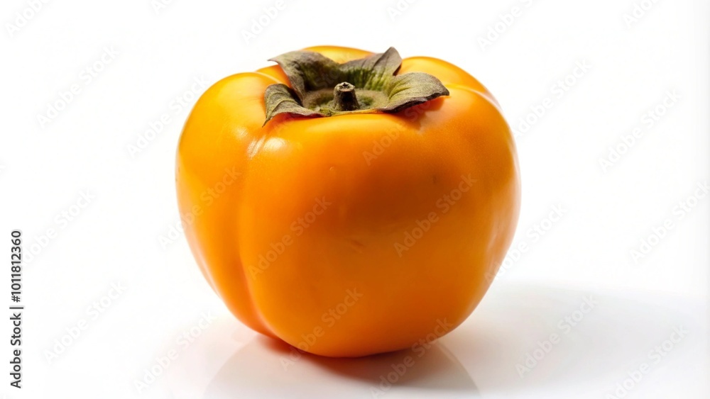 A ripe, orange persimmon with a green calyx on a white background. A ripe, orange persimmon with a green calyx on a white background.